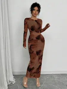 Elegant Ombre Long Sleeve Slim-Fit Women's Dress, Thin Fabric, All Seasons Wear, Stylish Ladies' Clothing for Casual & Formal Occasions