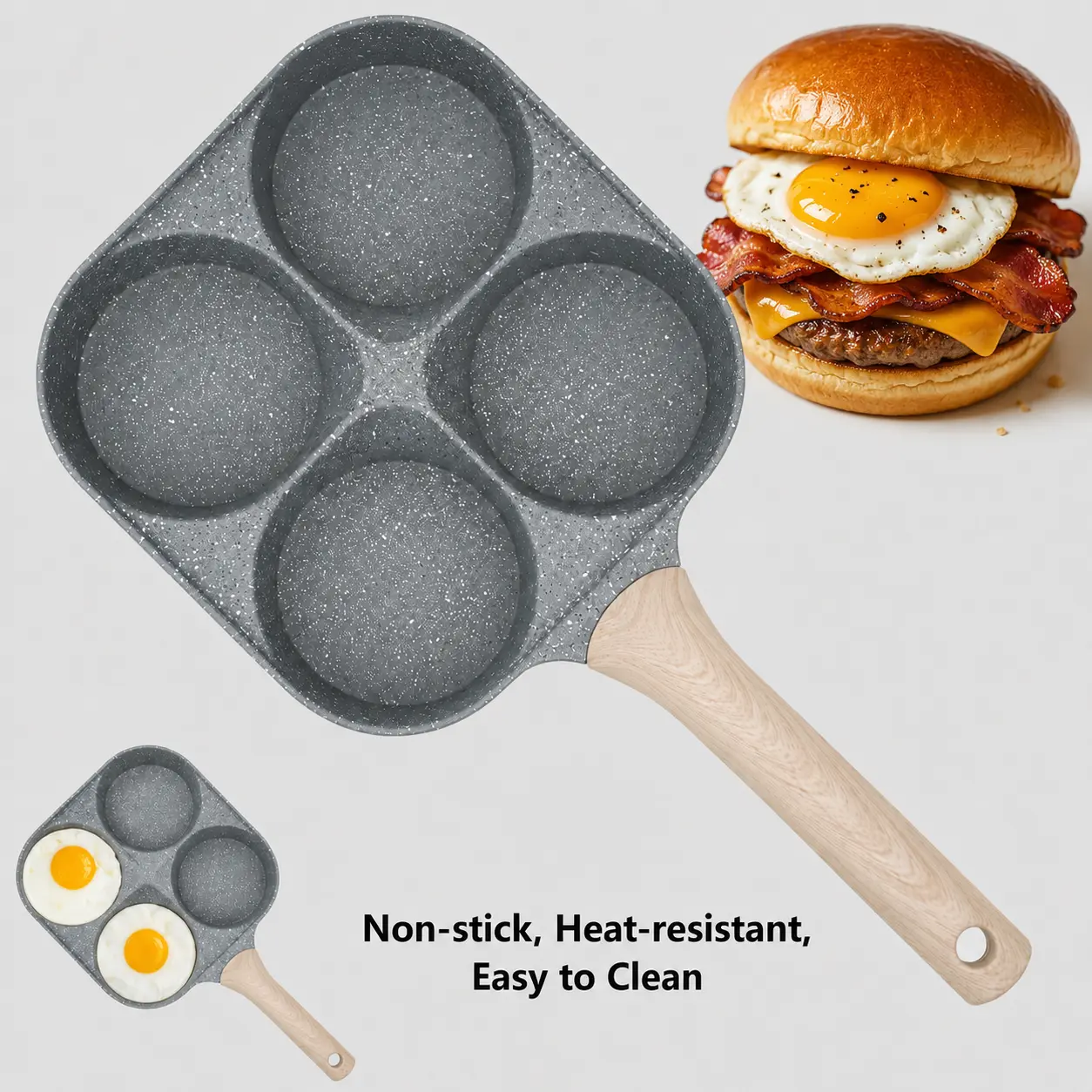 Non-Stick 4-in-1 Breakfast Pan for Frying Eggs, 4 Hole Nonstick Breakfast Skillet & Pancake Pan with Wooden Handle, Multi Section Omelet Maker for Eggs, Pancakes, Burgers, Toast & Sandwiches, Easy Clean Cookware