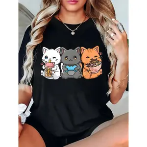 Women's Cute Kawaii Cat Trio T-Shirt with Bubble Tea, Gaming Controller, Ramen | Casual Daily Streetwear for Cat Lovers 100% Cotton T-shirt