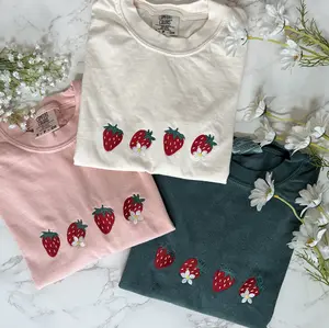 Embroidered Strawberry T-shirt, Embroidered Floral Spring Granola Girl Shirt, Nature Lover Gift, Embroidered Floral Sweatshirt Casual Tshirt