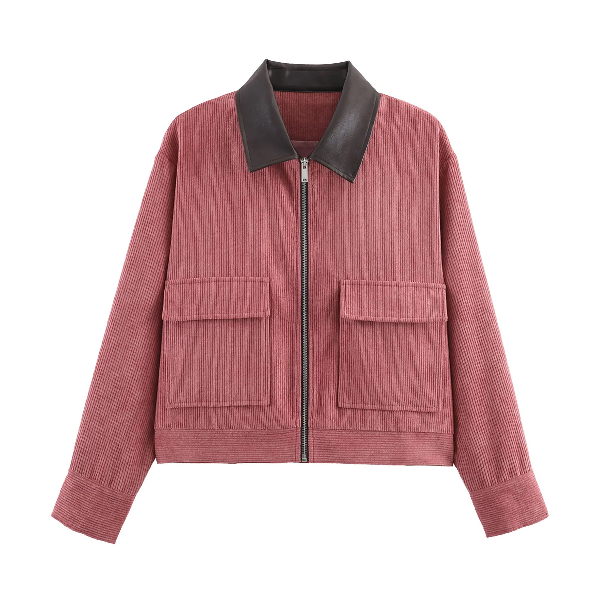Songling Women's Essential Cropped Workwear Jacket - Long-Sleeve, Zipper-Closure, Faux Leather Collar, Corduroy, Shirt-Style, Pockets, Comfortable for Everyday Wear, Coats