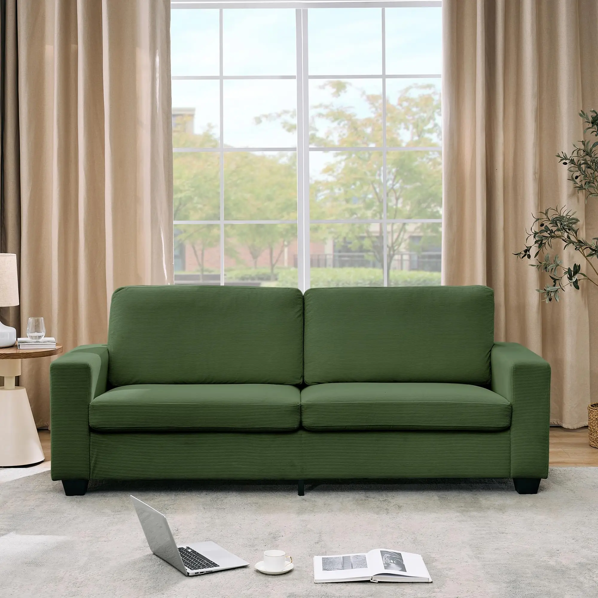 83.86" W Armless Green Modern Rectangle Cloud Loveseat Sofa - Sturdy Solid Wood Frame, Breathable Chenille Fabric, Removable Cover, Deep Foam Seat, 800 lbs Capacity, Easy Assembly for Small Apartment Spaces (29.92"D x 32.68"H), 29.92"(D) X 83.86"(W) X 32.