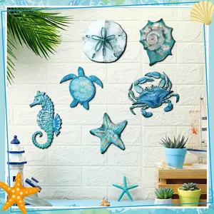 Bohemian Ocean Wall Decor Set, 6 Pieces Including Conch Shell, Turtle, Seahorse, Crab, Starfish, Wooden Beach Style Artistic Decoration