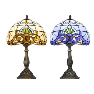 Explorinox Baroque Style Stained Glass Table Lamp Handcrafted Resin Base Bedroom Desk Lamp Retro Nightstand Decor 30cm x 30cm x 48cm Includes Light Bulb