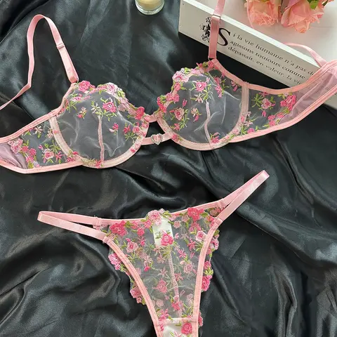 Women's 2-Piece Floral Lace Thong Lingerie Set - Elastane, Sheer Mesh, Soft Flirty Coverage, Embroidery, Delicate Ribbon, V-Neck, Hollow Cutout, Lightweight All-Season Bra, Chic Design, Wedding Gift for Her, Sexy Sleepwear, Size S, Lingerie Sets Womens 2