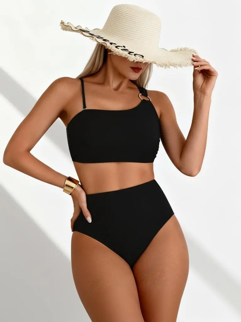 Women's Black Asymmetrical High-Waist Bikini Set - 1-Shoulder Top with Gold O-Ring Detail, Quick Dry Stretch Poly Triangle Cut Sports & Outdoor Swimwear, Female, One Shoulder