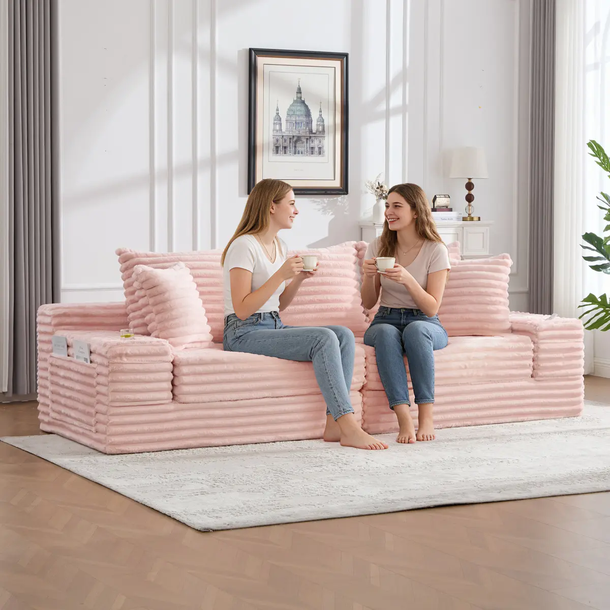Oversized Modular Sofa Couch with Cup Holder and Side Pockets, Soft Boneless Cloud Couch with 3 Pillows and 2 Lumbar, Corduroy Upholstered 4 Seats Sofa for Living Room, Bedroom (Pink)