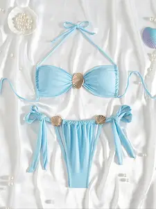 Women's Plain Bikini Set, Casual Fashion Chic Swimsuit Set, Ladies Swimwear for Beach Holiday Vacation, Adjustable Strap Bikini