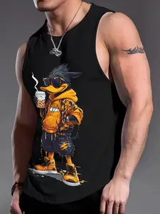 2026 New Men's Trendy Streetwear Duck Tank Top Soft Breathable Cool Duck Drinking Boba Graphic Sleeveless Shirt Fashion Casual Summer Vest - Menswear