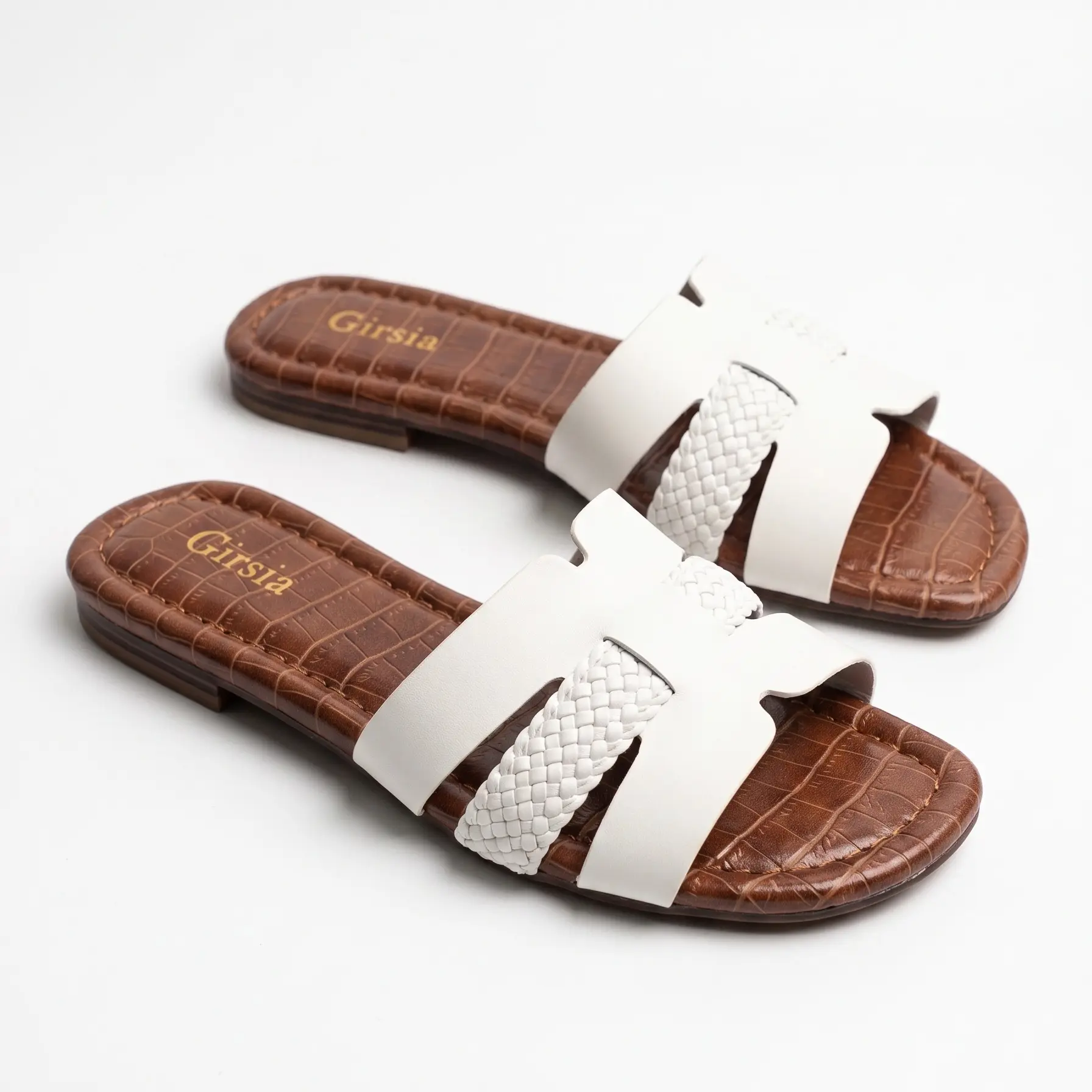 Girsia Women's Dressy Flat Sandals for Women - Woven, Cute Comfy, Arch Support Insole, Soft Microfiber Leather Slip-On, Croc-Embossed Waterproof Sole, Summer Shoes for Beach, Vacation Daily Wear, Sandals Women Footwear