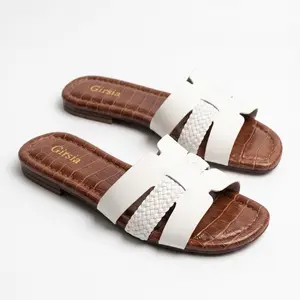 Girsia Women's Dressy Flat Sandals with Arch Support Insole, Soft Microfiber Leather Slip On Summer Sandals for Beach, Vacation, Travel & Daily Wear, Croc Embossed Waterproof Sole