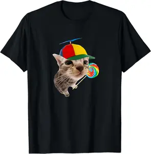 100% Cotton Unisex Silly Cat With Lollipop Meme T-Shirt