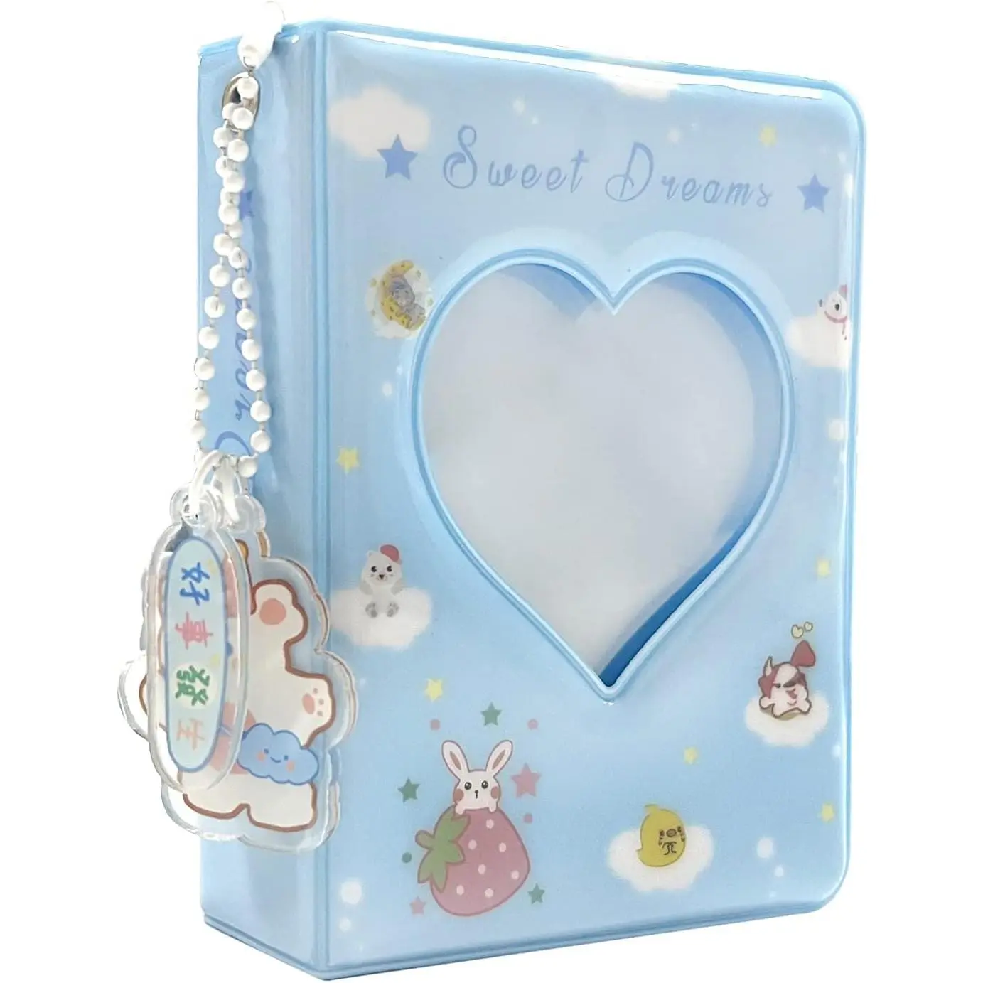 3 Inch Mini Photo Album, Heart Hollow Card Binder Photo Card Holder with Pendant 40 Pockets (blue strawberry)