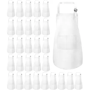 30 Pcs Adjustable Kids Bulk Bib Aprons with Pockets for Girls Painting Cooking Baking Kitchen (White, L)