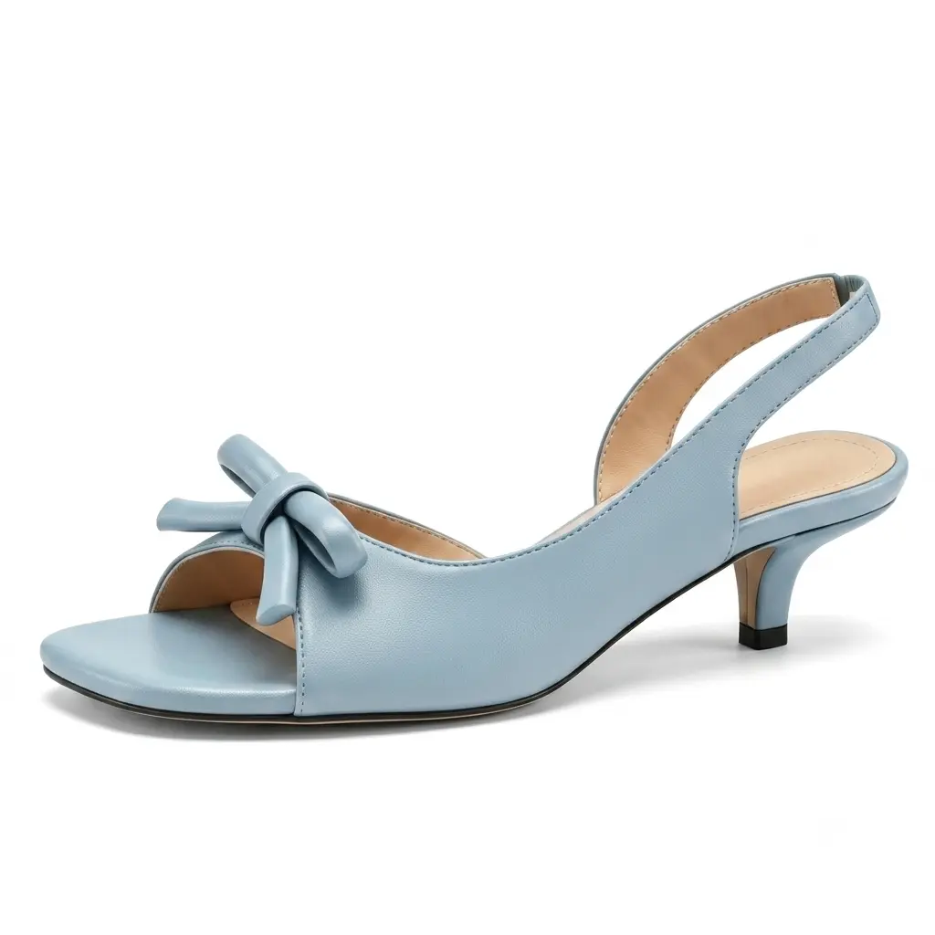 Custom women’s blue leather open-toe sandals with heel straps and a bow design; low heels and wide fit; casual dress shoes and elegant everyday sandals; suitable for office, business, parties, weddings, and bridesmaids; comfortable, lightweight high heels