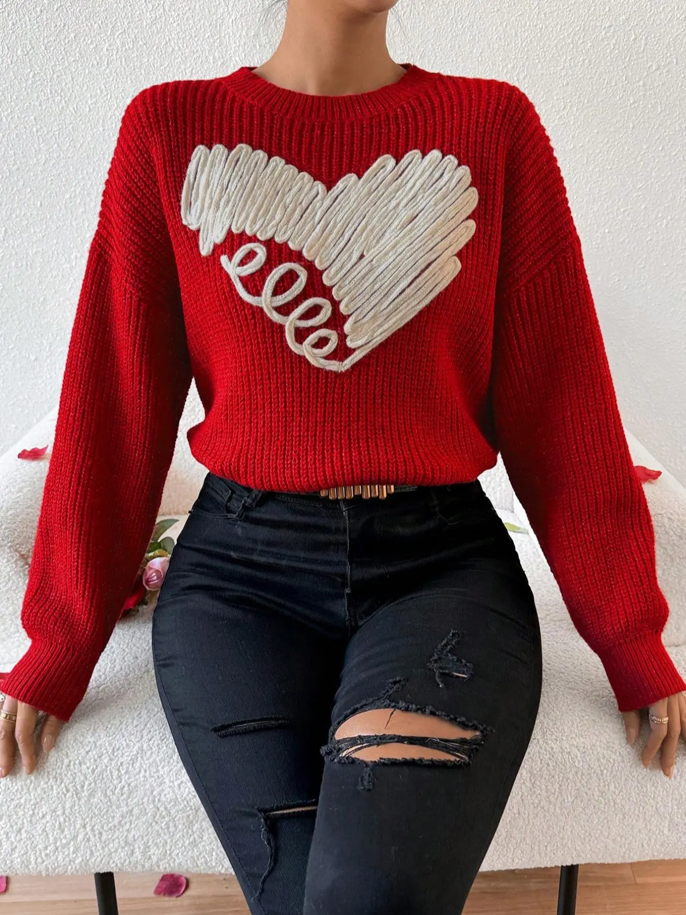 Women's Heart Pattern Drop Shoulder Loose Fit Oversize Knitted Sweater, Casual Long Sleeve Round Neck Jumper for Fall & Winter, Fashion Ladies' Knitwear for Daily Wear