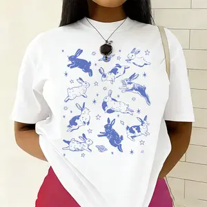Cute Blue Bunnies Stars Planets Cotton Tshirt Womens Whimsical Casual Soft Lightweight Trendy Top For Fantasy Lovers