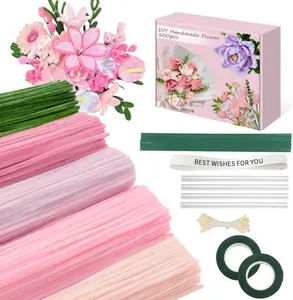 500 Pcs Pink Pipe Cleaners Craft Kit Chenille Stems for DIY Bouquet Party Decorations with Ribbons, Stems,Tape, Stamens, Glue Sticks, Soft Fuzzy Easy to Use Creative Handmade Present