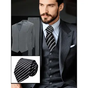 Men's 4-Piece Striped Suit Set – Gray Jacket, Vest, Pants & Multi-Colored Ties | Trendy Gentleman Street Style Outfit for Party, Wedding & Business