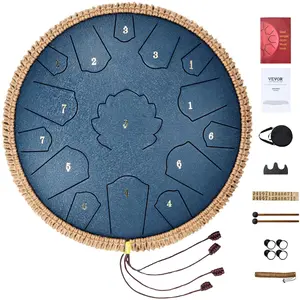 【Summervibes】VEVOR Steel Tongue Drum,  , 14 in & 15 Notes, Rain Drum for Outside Garden, C Major Key, Tank Drum with 2 Mallets & Carry Bag, Hand Pan Drum Percussion Instrument for Musical Education Yoga, Navy Blue