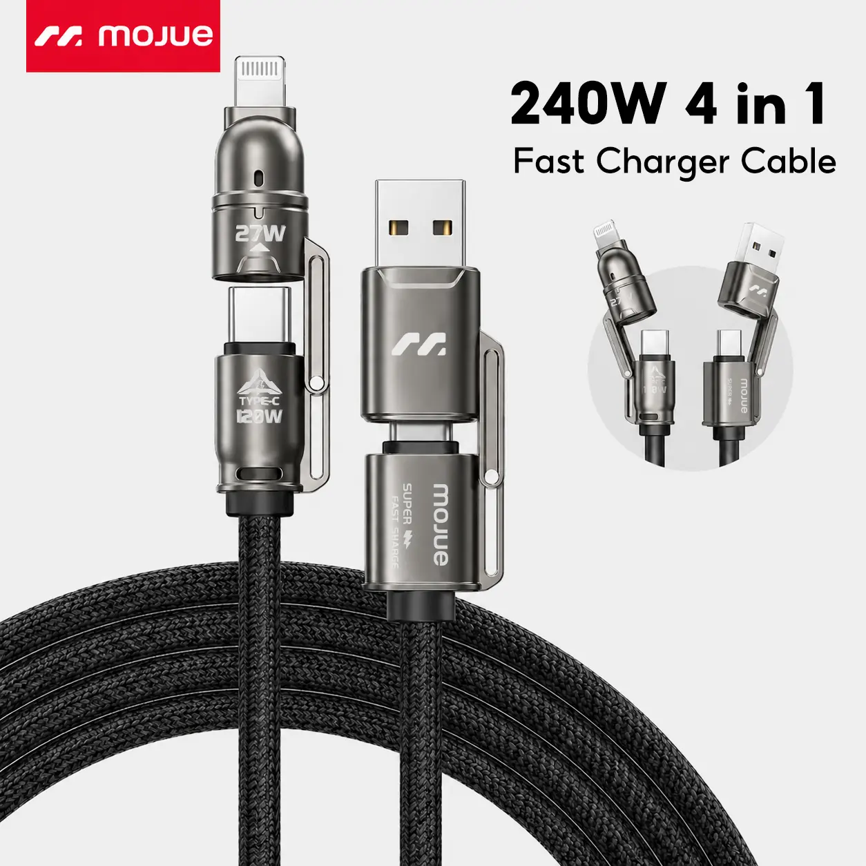 MOJUE 120W 4-in-1 Braided Fast Charging Cable – 5FT USB-C Data Cord with Type-C & Lightning Connectors, USB-A/USB-C Multi Charging Cable, Gray, Compatible with iPhone 17/16/15/14/13/12, iPad, AirPods, Samsung S25 & More