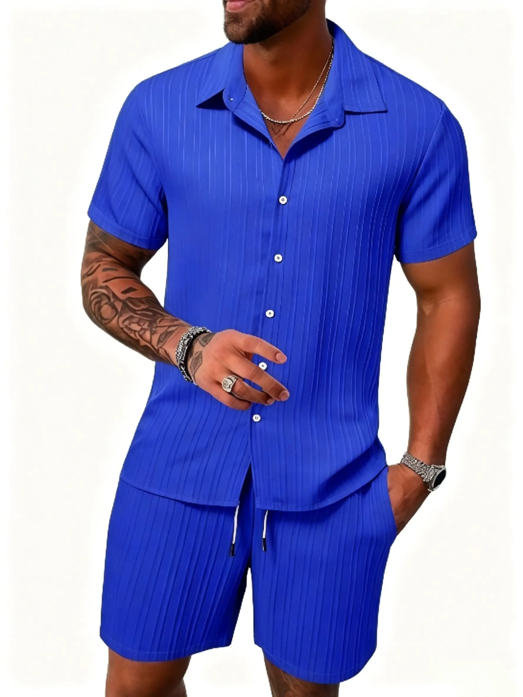 Men's Regular Fit Short Sleeve Pajama Two-piece Set, Casual Comfy Button Up Top & Shorts Pj Set, Men's Summer Sleepwear, Loungewear, Lounge Pajamas, Pyjamas, Plain, Casual Loungewear Outfit