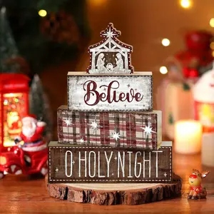 4 pcs Christmas Table Centerpiece Rustic Decorative, Tiered Tray Decor, Nativity Scene Wooden Decoration, Funny Gingerbread Christmas Sign, Block Signs Gift Farmhouse Winter Table Decoration for Home Kitchen
