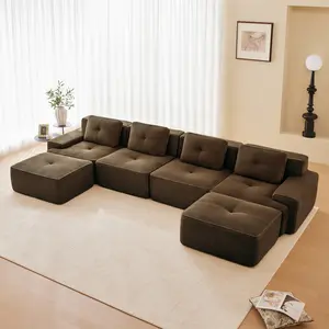 153" Modular U-Shaped Sectional Sofa with 2 Movable Ottomans, Deep Seat Corduroy Tufted Couch, Pearl-Like Piping Trim, No Assembly Anti-Slip 4-Seater for Living Room
