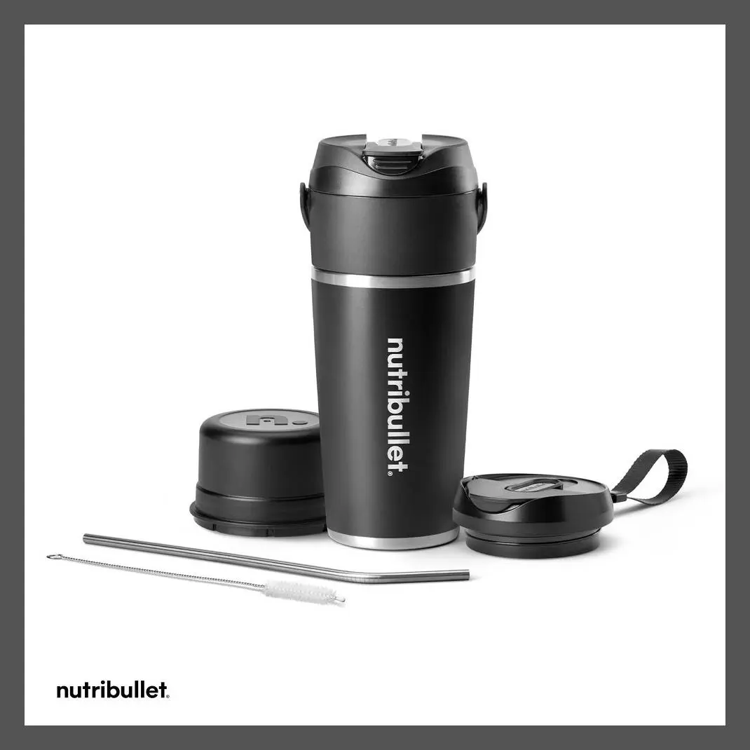 Nutribullet Flip USB Portable Blender, Rechargeable Battery-Powered Cordless Blender with Black Insulated Cup, Stainless Steel Blades, Dual Sip & Straw To-Go Lid, 24-Hour Cold Retention for Blending Needs