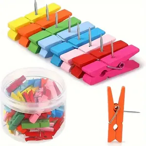 30 Colorful Push Pins with Wood Clips, Easy to Use, Bright Colors, Perfect for Crafts, School, Office, Home Display, Fastener Clip