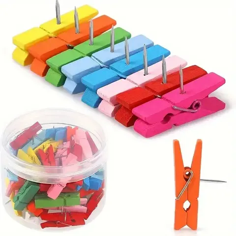 30 Colorful Push Pins with Wood Clips, Easy to Use, Bright Colors, Perfect for Crafts, School, Office, Home Display, Fastener Clip