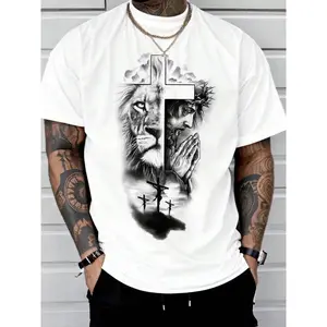 Men's Lion & Jesus Print Round Neck Tee, Regular Fit Casual Short Sleeve Crew Neck T-Shirt for Summer, Fashion Men's Top for Daily Wear, Tropical shirts  men Crewneck Shortsleeve