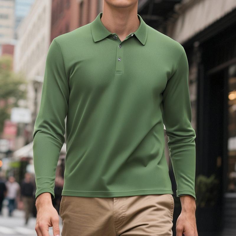 Spring and autumn long-sleeved polo shirt with turned-down collar. Solid color, glossy fabric, multiple colors. Polo shirt for casual sports wear for men. Perfect for traveling and work.