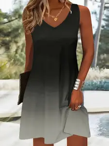 V-Neck Sleeveless Mini Dress, Gradient Color, Casual Loose Fit, Daily & Summer Beach Wear