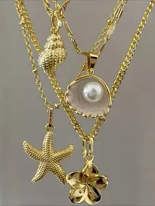 4-piece Bohemian starfish imitation shell and imitation pearl multi-layer pendant necklace set, Jewel necklace, Dainty Boho Necklace, a gift for summer beach vacations, dates, suitable for women, daily casual or party wear, Casual Trendy Jewelry
