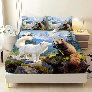 3pcs White Fox Fitted Sheet Set All Seasons Decorative Mattress Cover Animal Mattress Protector Boho Bedding Set Bedroom Decor for Home Guest Room Decor 1 Fitted Sheet+2 Pillowcases Without Core