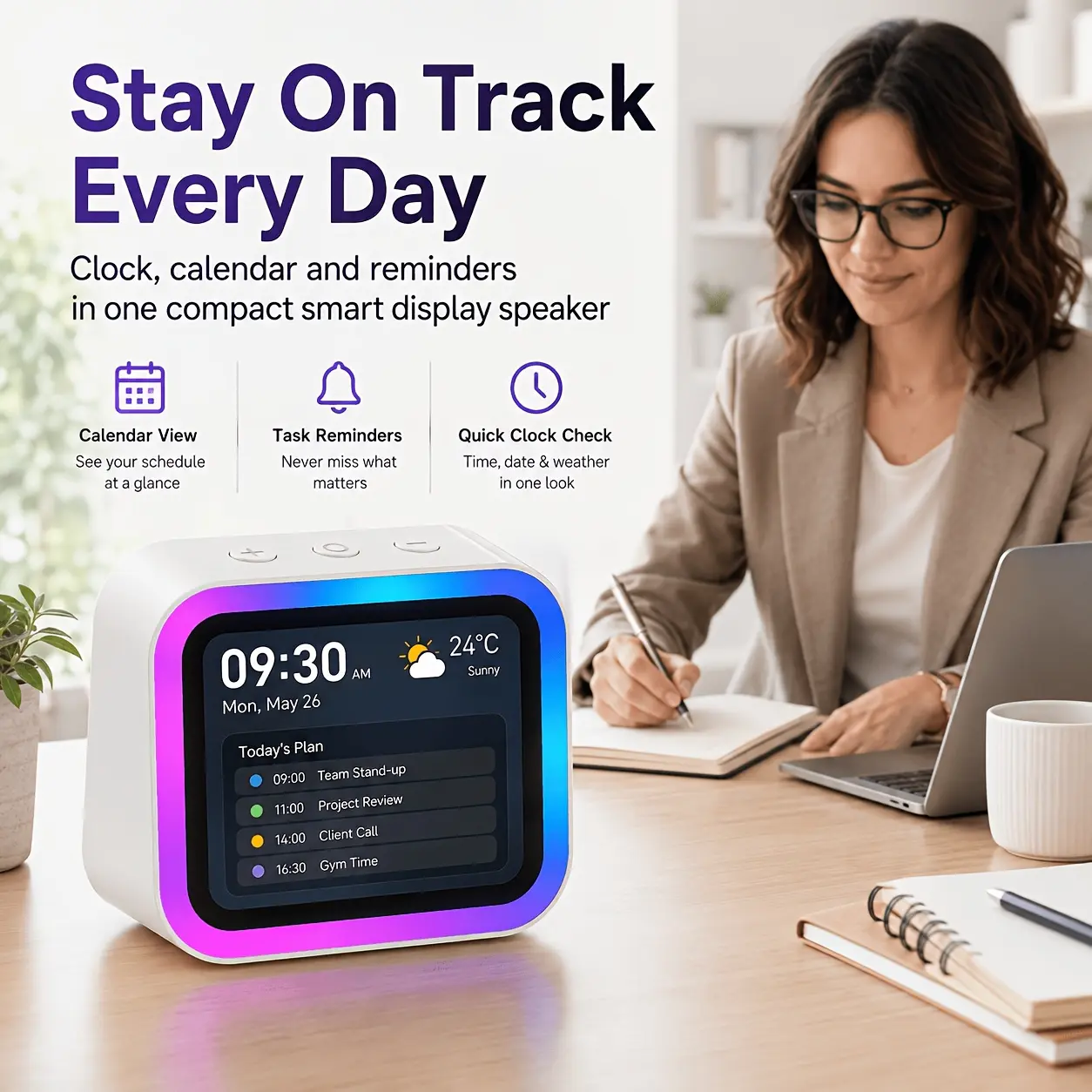 Alarm Clock, Digital Alarm Clock, Aesthetic Clocks with Smart Large Screen Voice Assistant Weather Show, Room Clocks Suitable for Home Offices Stylish Design & Practical Daily