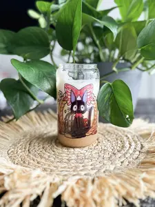 Kiki's Delivery Cat Glass Can, trendy anime cup, iced coffee glass with lid and straw, coffee matcha glass, anime gifts for her, cute anime, kitchen glassware, drinkware, Matcha glass kawaii cup, cute iced coffee cup Bamboo Drinkware Birthday Mug Tumblers