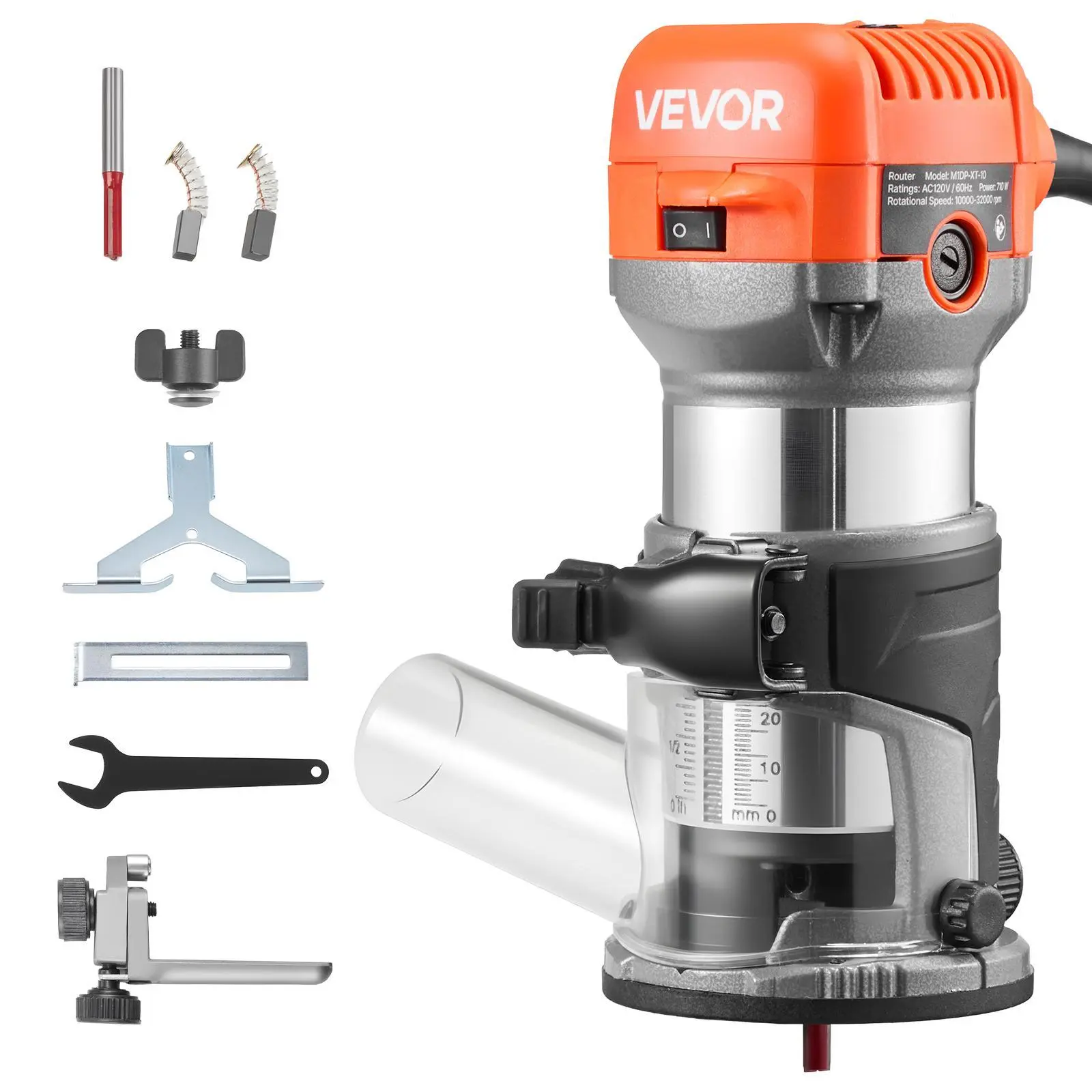 VEVOR 1 HP 710W Corded Aluminum Palm Wood Router Tool, 6 Variable Speeds (10,000-32,000 RPM), Soft Start Feature, Fixed Base, 1/4 in Collet, Dust Covers, Parallel Guide, Precision Processing, Compact Edge Trimmer for Woodworking Trimming, Router Table,too
