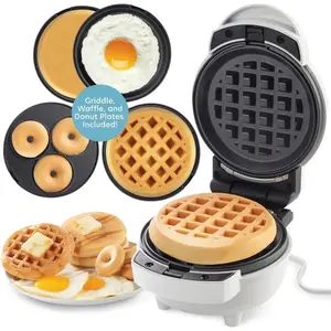 3 in 1 Mini Breakfast Maker- Make Mini Waffles Donuts Pancakes or Eggs all in 1 Multi Use Appliance- Easily Swap & Clean Interchangeable Griddle Plates- Small Electric Non Stick Baker for Any Occasion