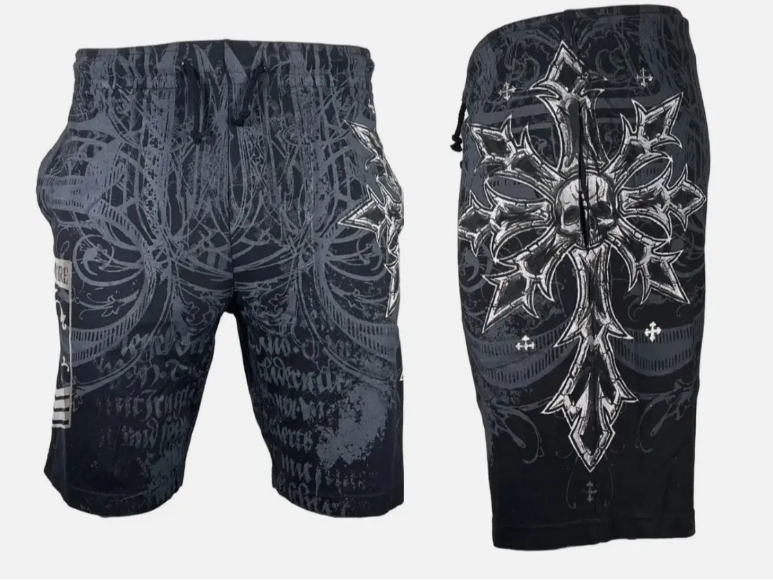 Xtreme Couture by Affliction Spartan Men's Sweat Shorts, Athletic Skull MMA Shorts, Gym Workout Fitness Streetwear