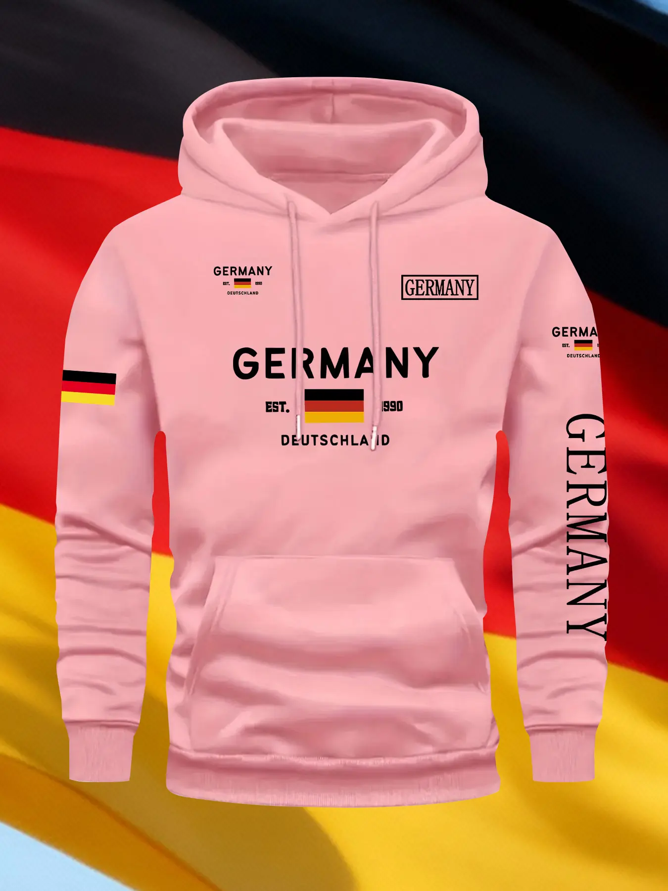 Men's Fall Winter Trendy Germany Flag Print Hoodie, Casual Fitted Hooded Sweatshirt, Drawstring Pocket Design, Geometric Pattern, Drawstring Pocket Hoodies, Graphic Hoodies, Quality Hoodie