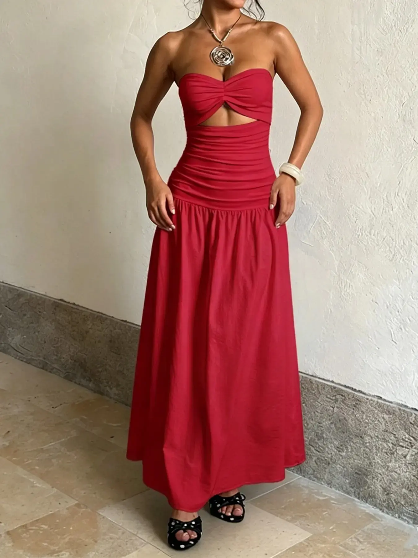 Two Different Fabric Spliced Strapless Maxi Dress, Sheer Ruched Hollow Out A-Line Long Dress, Multi-Color Summer Holiday Beach Casual Wear Chic Outfit for Women