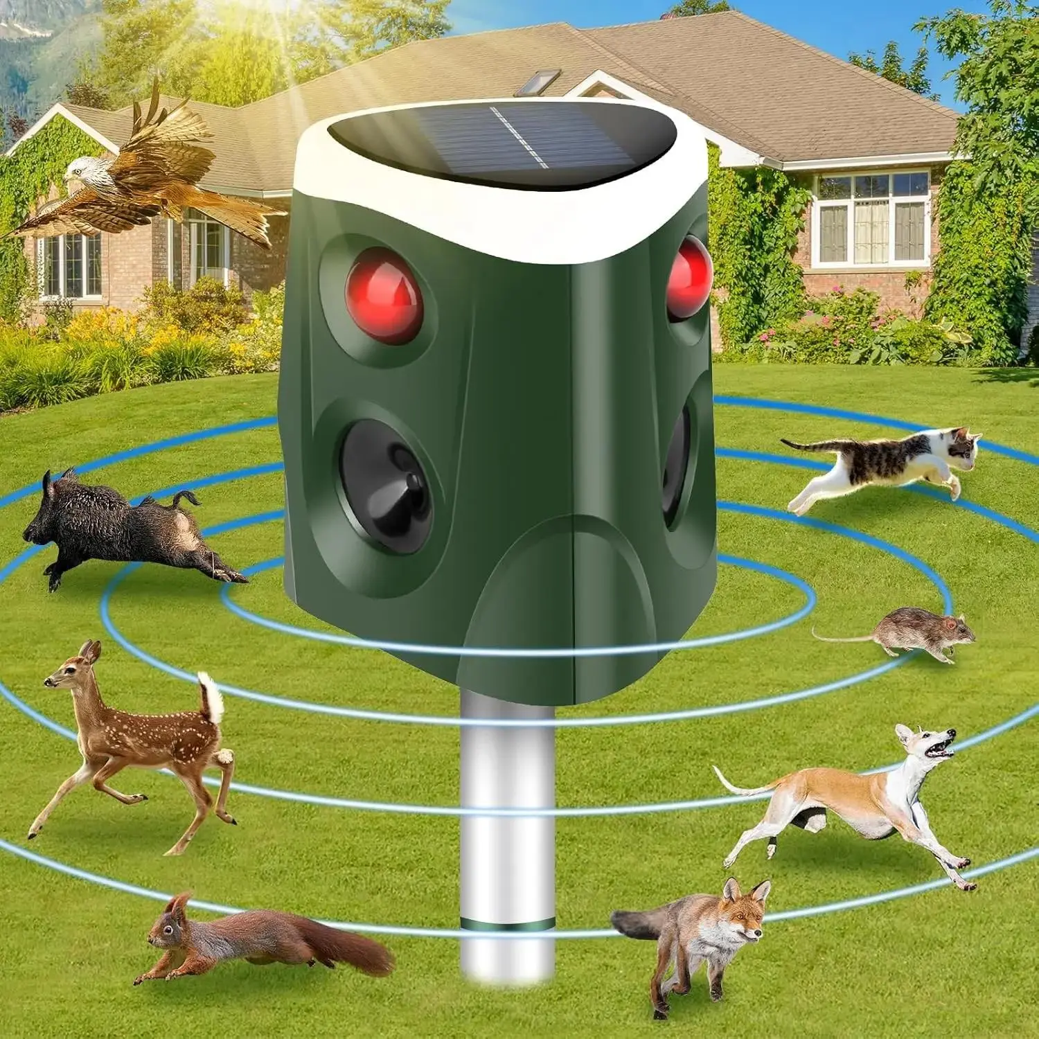 Solar-powered 360-degree bird repeller, animal repellent device, Electronic Pest Repellent. Multi-functional three-sided speaker bird repeller. Outdoor ultrasonic rodent repeller. Suitable for gardens, farms, orchards.