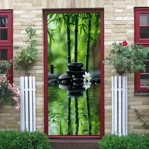 2pcs Zen Bamboo Forest Water Ripple Wall Sticker Chinese Style Home Decor Decal Living RoomBackground Wall Self Adhesive Wallpaper Waterproof Removable Natural Scenery Painting Modern Minimalist Green Pl