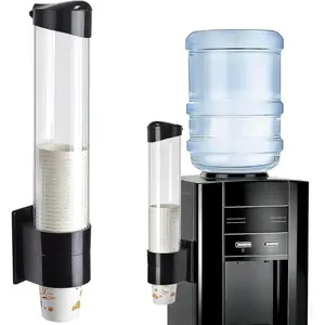 Cup Dispenser, Water Cooler Pull Type Cup Holder Fits 7oz - 12oz Cone or Flat Bottom Cups, Paste or Screw Plate Wall Mount, 16.9" Tube Length Black