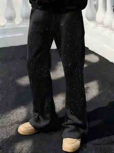 Men Streetwear Flared Sweatpants, Bottom, Star Shiny Rhinestone Casual Comfortable, For Rave, Unisex Couple,Star Rhinestone Pants,Fall & Winter, Fit