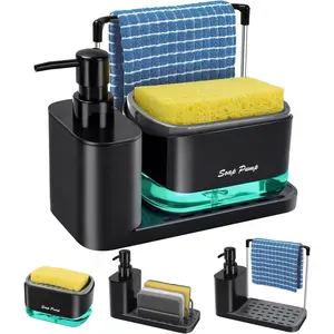 Kitchen Soap Dispenser Set with Tray and Sponge Holder, Dish and Hand Soap Dispenser with Dishcloth Holder 5-in-1 Kitchen Sink Countertop Storage Organizer, Practical Kitchen Gadgets - Black