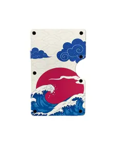 RFID Blocking Minimalist Wallet – Japanese Great Wave Red Sun Design | Slim Aluminum Card Holder