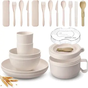 18 count College Dorm Essentials Dishes Set Wheat Straw Ramen Bowl Set Plates and Bowls Dinnerware Kitchen Microwave Bowl with Lid for Soup Room Dorm Cutlery for Soup Oatmeal Gumbo